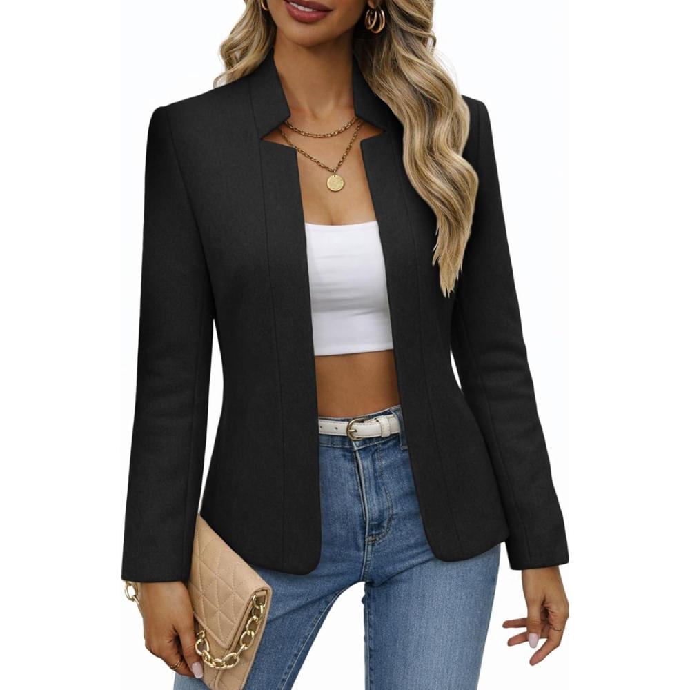 imageMina Self 2026 Spring Womens Tweed Plaid Blazer Jacket  Fully Lined Open Front Stand Collar Casual Fashion Work Office CoatWoolblack