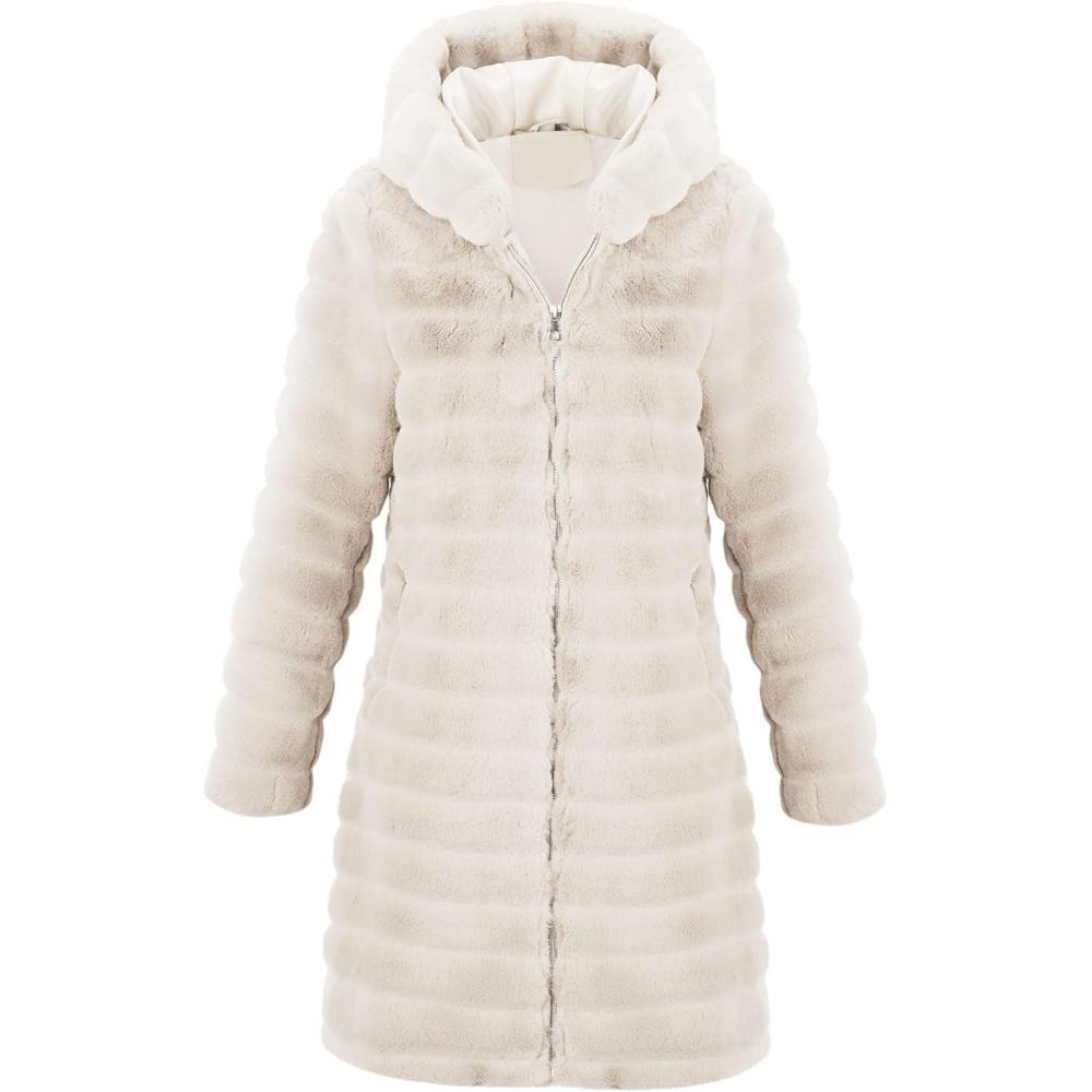 imageRISISSIDA Women Long Faux Fur Coat Fuzzy Jacket Hooded Winter Fall Warm OvercoatBeigehorizontal Texture