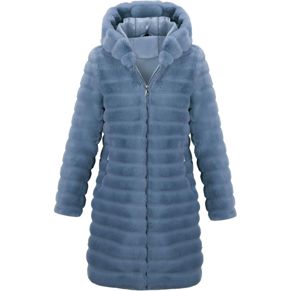 imageRISISSIDA Women Long Faux Fur Coat Fuzzy Jacket Hooded Winter Fall Warm OvercoatBluehorizontal Texture