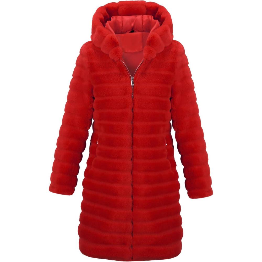 imageRISISSIDA Women Long Faux Fur Coat Fuzzy Jacket Hooded Winter Fall Warm OvercoatBright Redhorizontal Texture