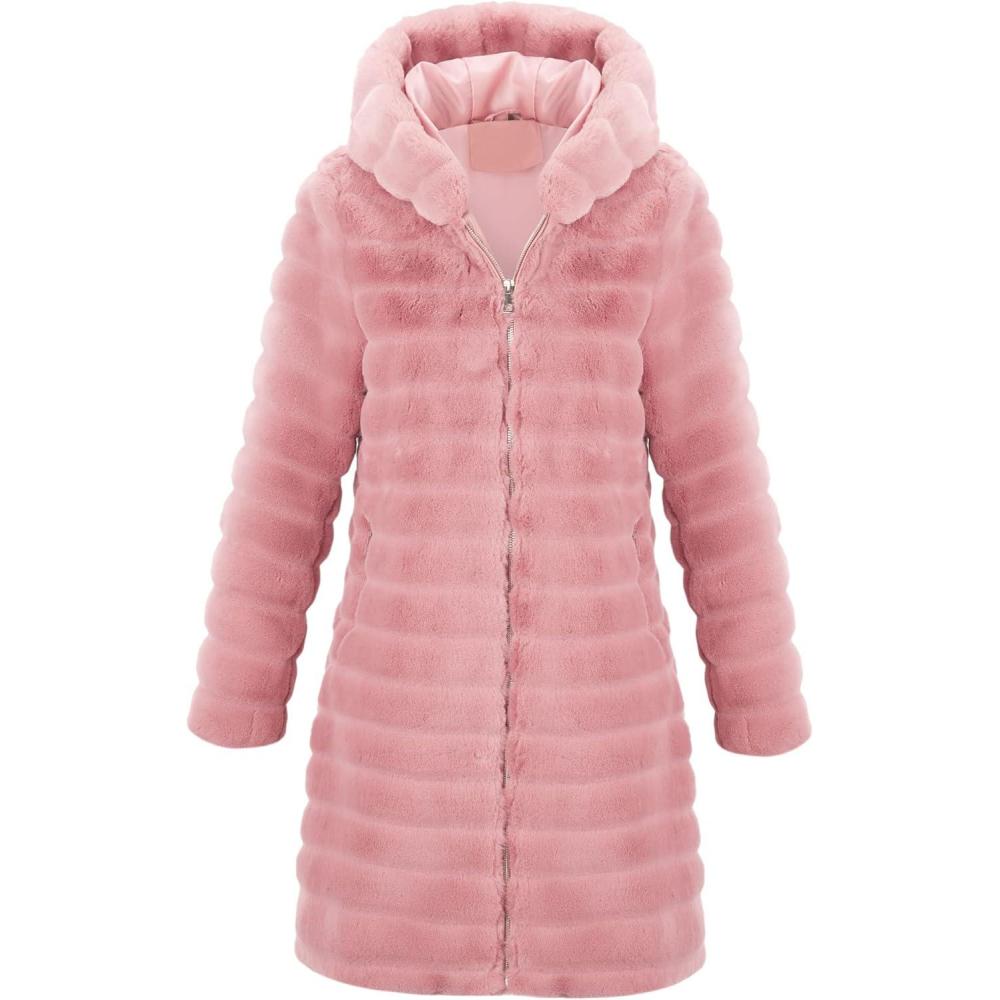 imageRISISSIDA Women Long Faux Fur Coat Fuzzy Jacket Hooded Winter Fall Warm OvercoatDark Pinkhorizontal Texture