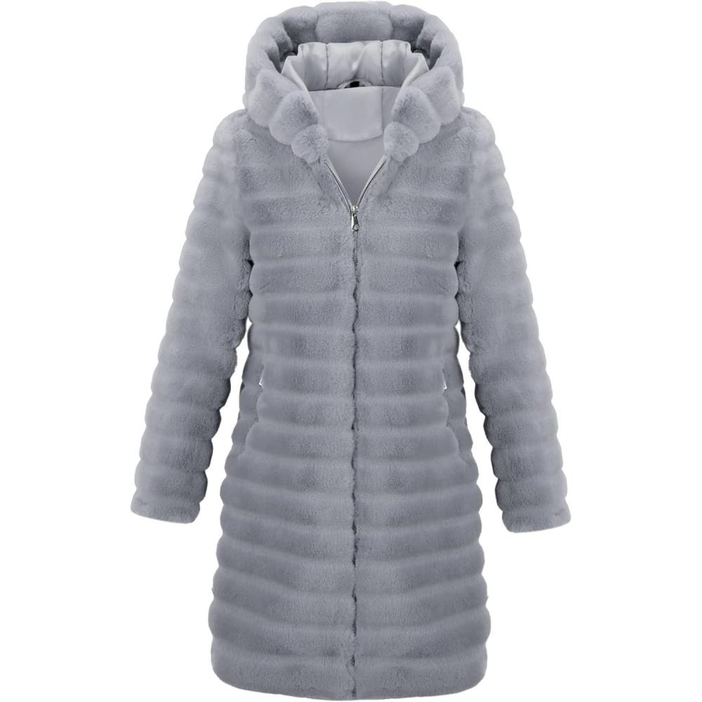 imageRISISSIDA Women Long Faux Fur Coat Fuzzy Jacket Hooded Winter Fall Warm OvercoatGreyhorizontal Texture