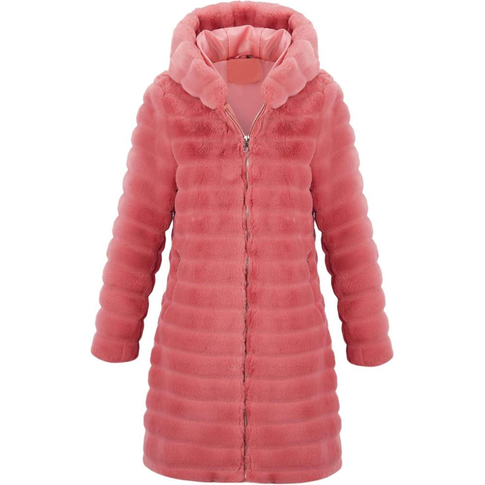 imageRISISSIDA Women Long Faux Fur Coat Fuzzy Jacket Hooded Winter Fall Warm OvercoatRedhorizontal Texture
