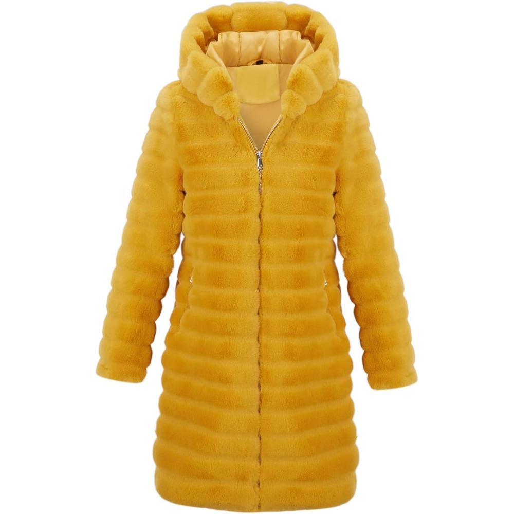 imageRISISSIDA Women Long Faux Fur Coat Fuzzy Jacket Hooded Winter Fall Warm OvercoatYellowhorizontal Texture