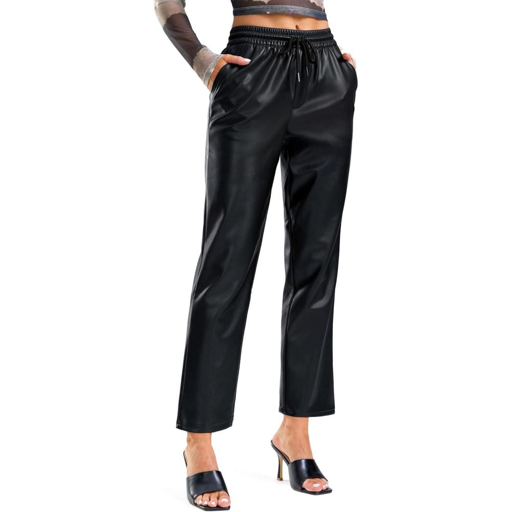 imageSANTINY Womens Faux Leather Pants High Waisted Straight Leg Cropped Ankle Trousers Vegan Matte Pleather Pants for WomenBlack