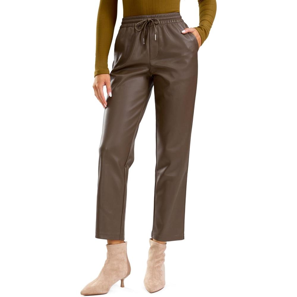 imageSANTINY Womens Faux Leather Pants High Waisted Straight Leg Cropped Ankle Trousers Vegan Matte Pleather Pants for WomenBrown
