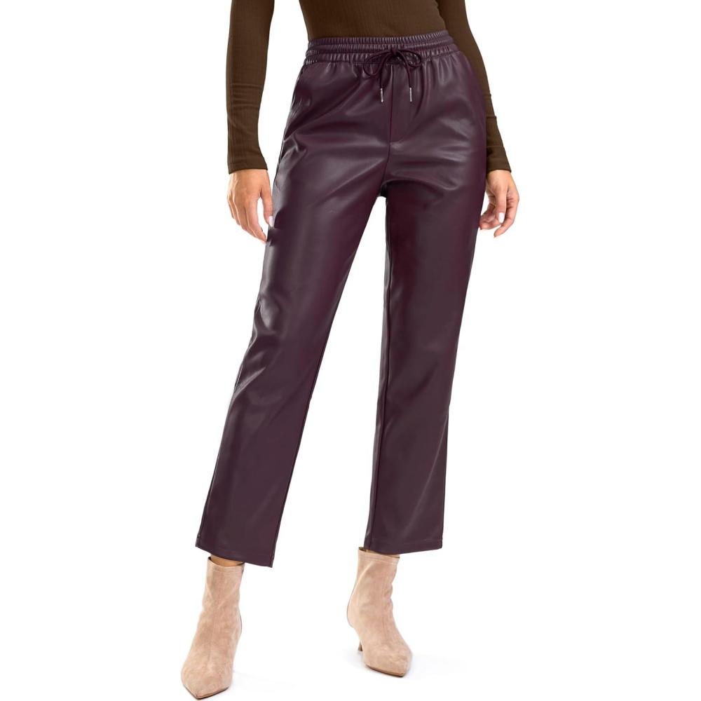 imageSANTINY Womens Faux Leather Pants High Waisted Straight Leg Cropped Ankle Trousers Vegan Matte Pleather Pants for WomenWine