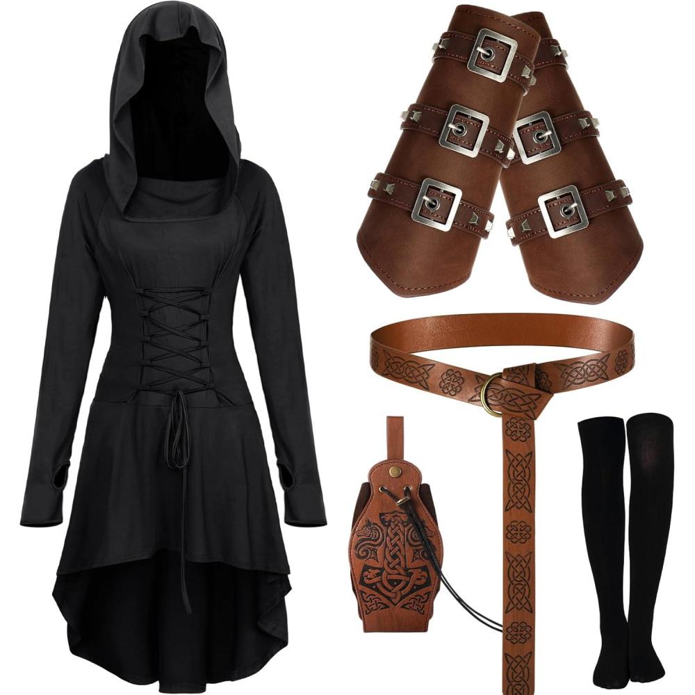 imageSuhine 5 Pcs Renaissance Women Costume Medieval Hooded Robe Carnival Vintage Faux Leather Arm Pouch Belt for Cosplay PartyBlack
