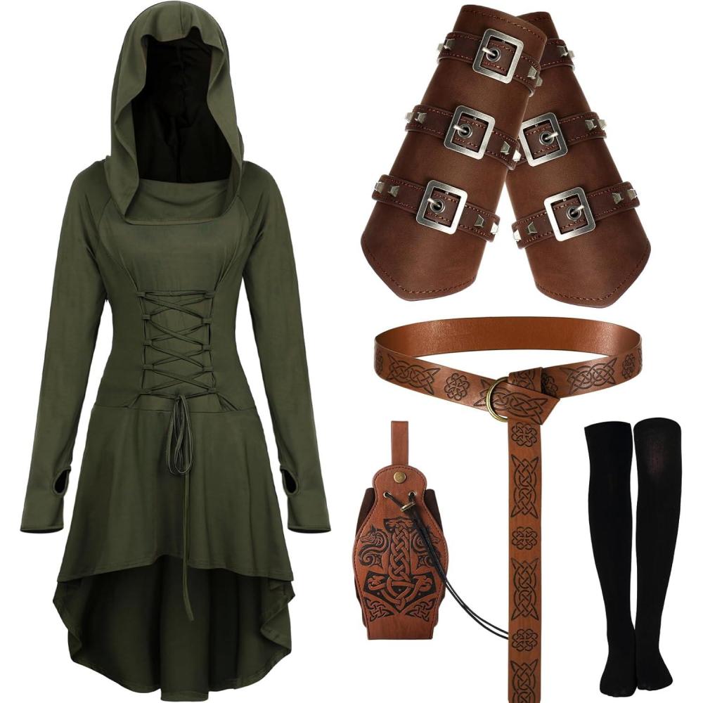 imageSuhine 5 Pcs Renaissance Women Costume Medieval Hooded Robe Carnival Vintage Faux Leather Arm Pouch Belt for Cosplay PartyDark Green