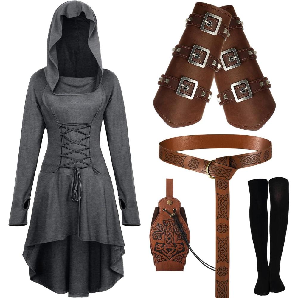 imageSuhine 5 Pcs Renaissance Women Costume Medieval Hooded Robe Carnival Vintage Faux Leather Arm Pouch Belt for Cosplay PartyGrey