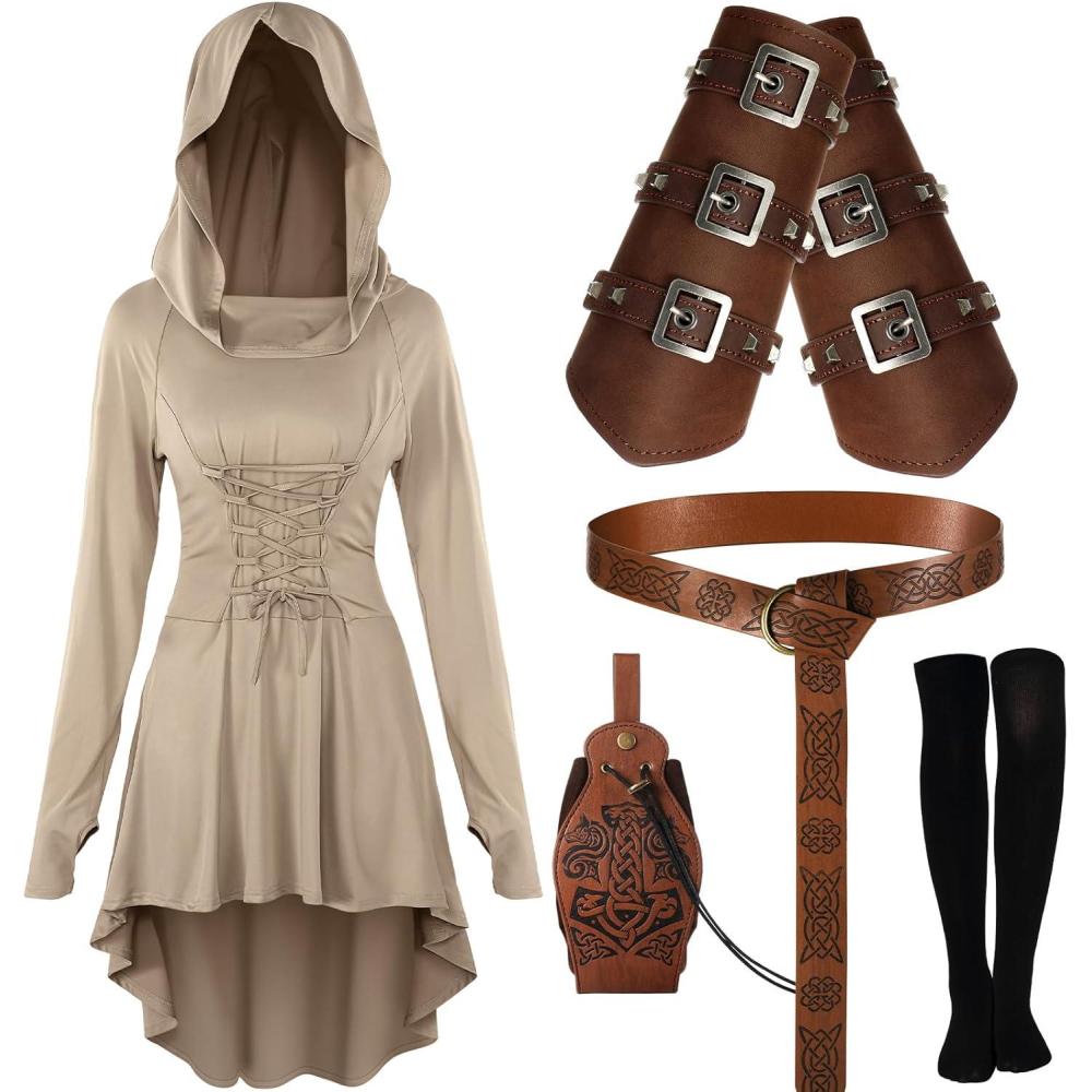 imageSuhine 5 Pcs Renaissance Women Costume Medieval Hooded Robe Carnival Vintage Faux Leather Arm Pouch Belt for Cosplay PartyLight Brown