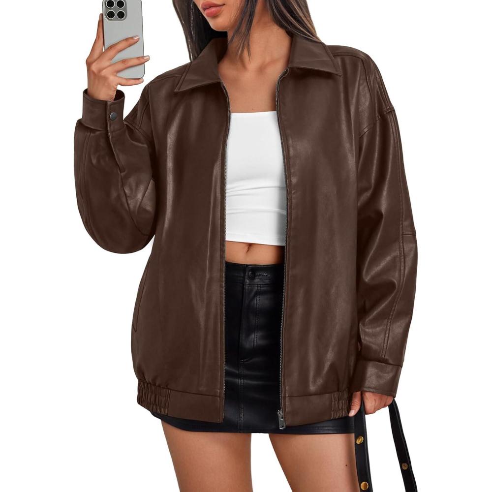 imageTrendy Queen Womens Leather Jacket Oversized Going Out amp Everyday Statement Piece Bomber Jacktes Moto CoatBrown