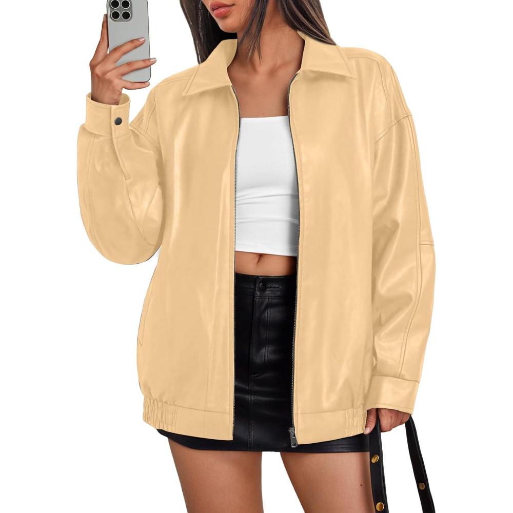 imageTrendy Queen Womens Leather Jacket Oversized Going Out amp Everyday Statement Piece Bomber Jacktes Moto CoatKhaki