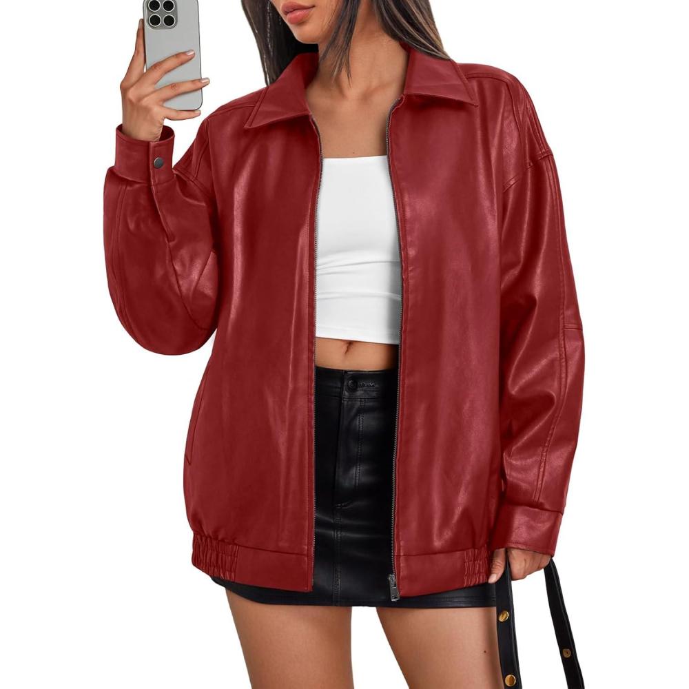 imageTrendy Queen Womens Leather Jacket Oversized Going Out amp Everyday Statement Piece Bomber Jacktes Moto CoatRed