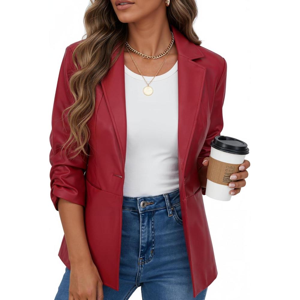 imageWomen Leather Jacket Faux Slim Fit Ruched 34 Sleeve Blazers for Casual Business Interview Semi Formal Work OutfitBright Red