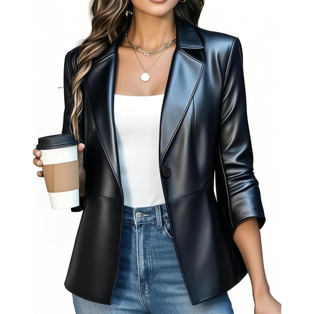 imageWomen Leather Jacket Faux Slim Fit Ruched 34 Sleeve Blazers for Casual Business Interview Semi Formal Work OutfitCharcoal Black