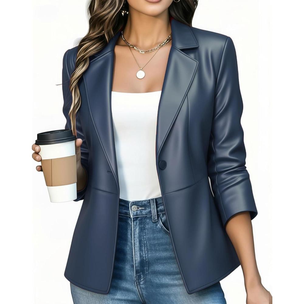 imageWomen Leather Jacket Faux Slim Fit Ruched 34 Sleeve Blazers for Casual Business Interview Semi Formal Work OutfitDeep Blue