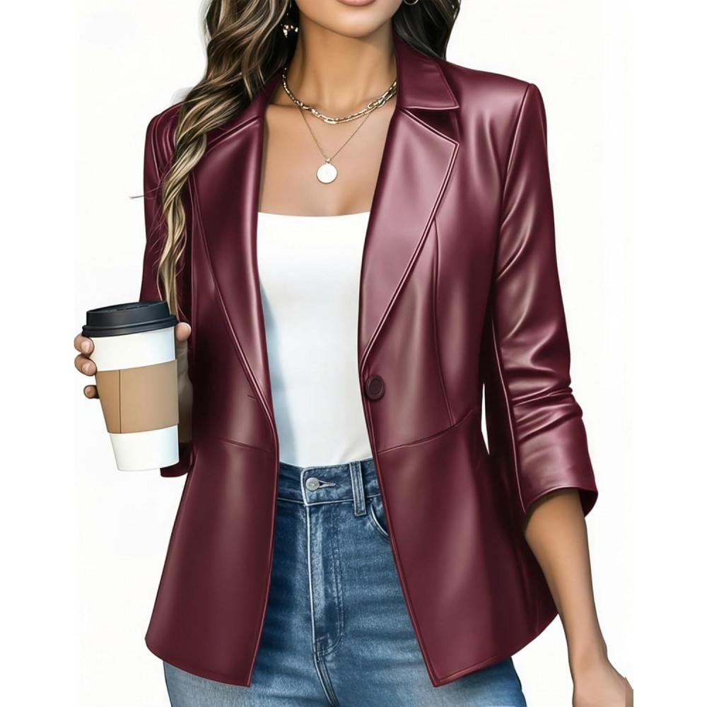 imageWomen Leather Jacket Faux Slim Fit Ruched 34 Sleeve Blazers for Casual Business Interview Semi Formal Work OutfitMaroon
