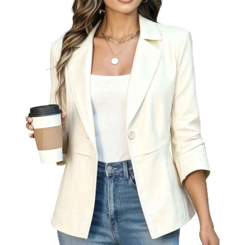 imageWomen Leather Jacket Faux Slim Fit Ruched 34 Sleeve Blazers for Casual Business Interview Semi Formal Work OutfitWhite Oyster