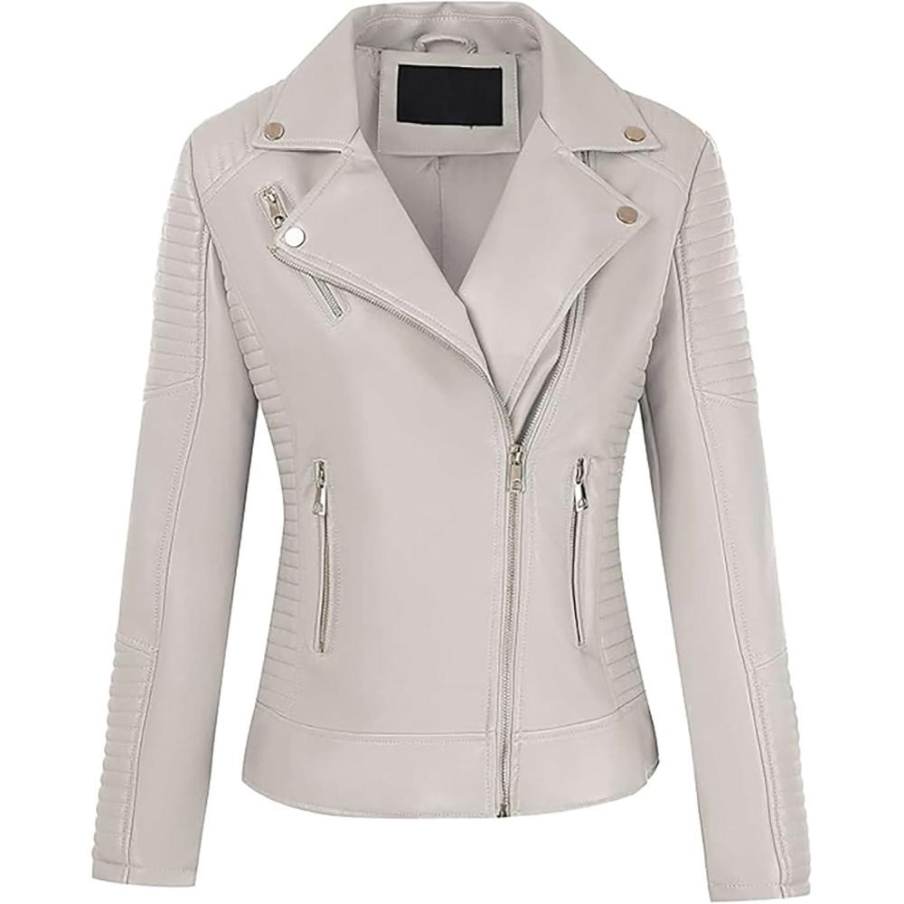 imageWomens Faux Leather Jacket Spring Motorcycle Biker Clothes Outfits Short Fashion PU Casual CoatBeige
