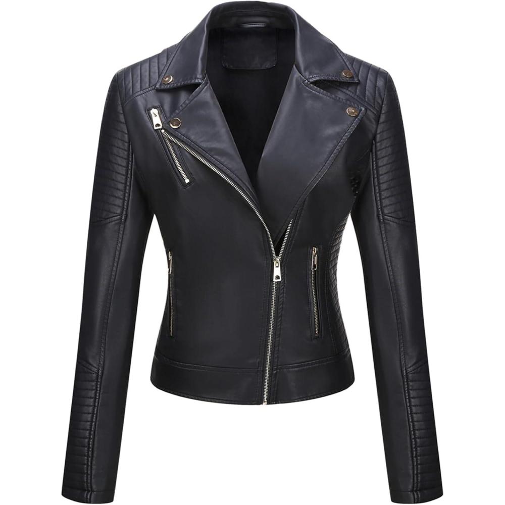 imageWomens Faux Leather Jacket Spring Motorcycle Biker Clothes Outfits Short Fashion PU Casual CoatBlack
