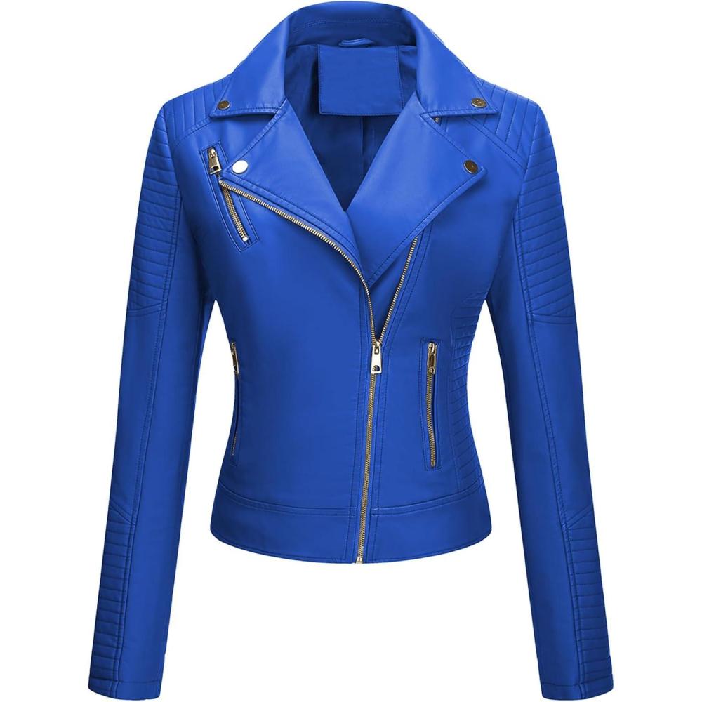 imageWomens Faux Leather Jacket Spring Motorcycle Biker Clothes Outfits Short Fashion PU Casual CoatBlue