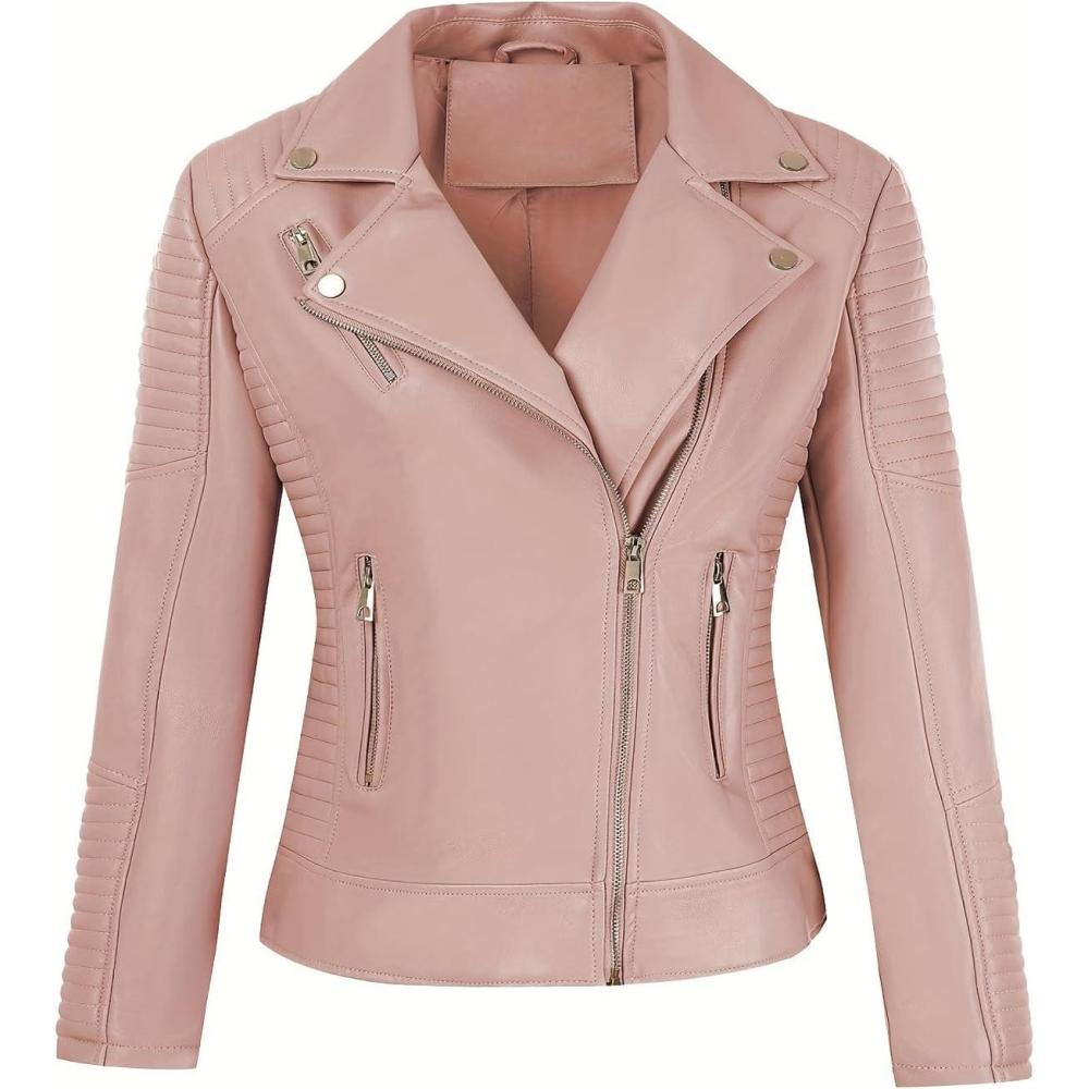 imageWomens Faux Leather Jacket Spring Motorcycle Biker Clothes Outfits Short Fashion PU Casual CoatPink