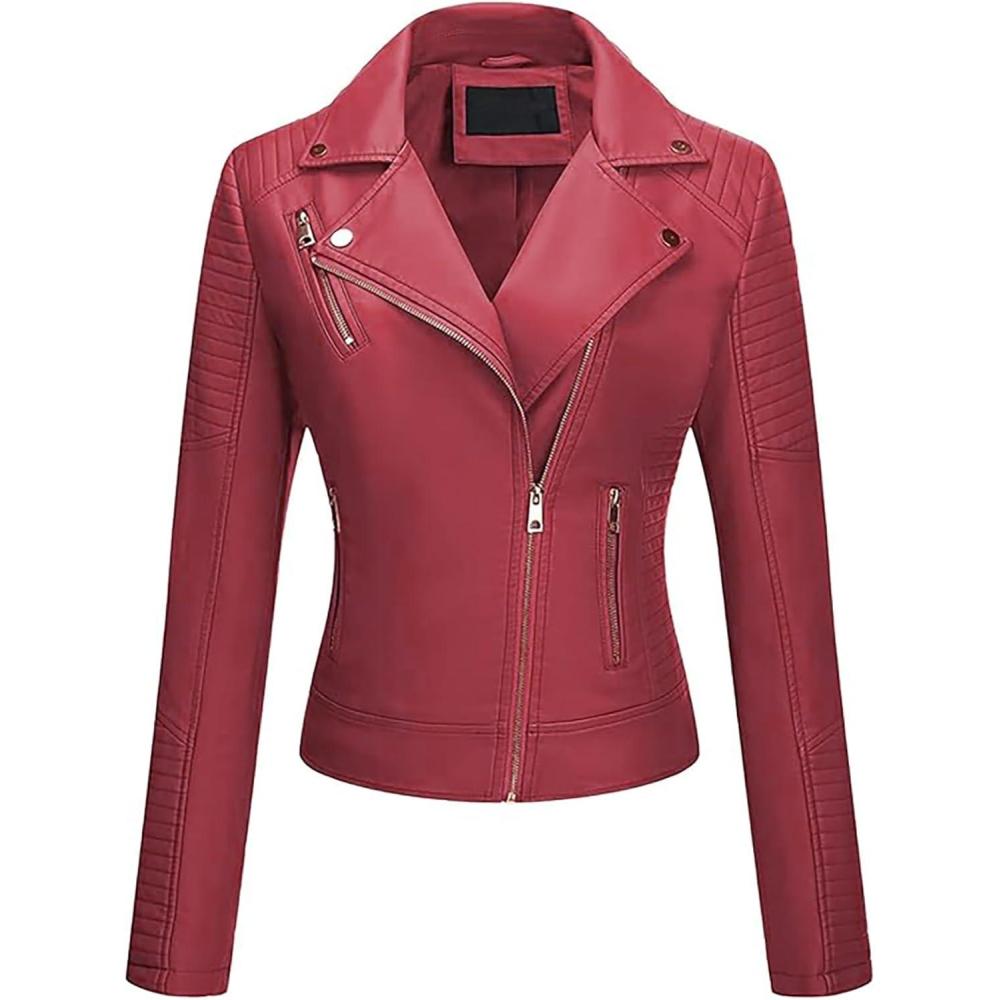 imageWomens Faux Leather Jacket Spring Motorcycle Biker Clothes Outfits Short Fashion PU Casual CoatRed