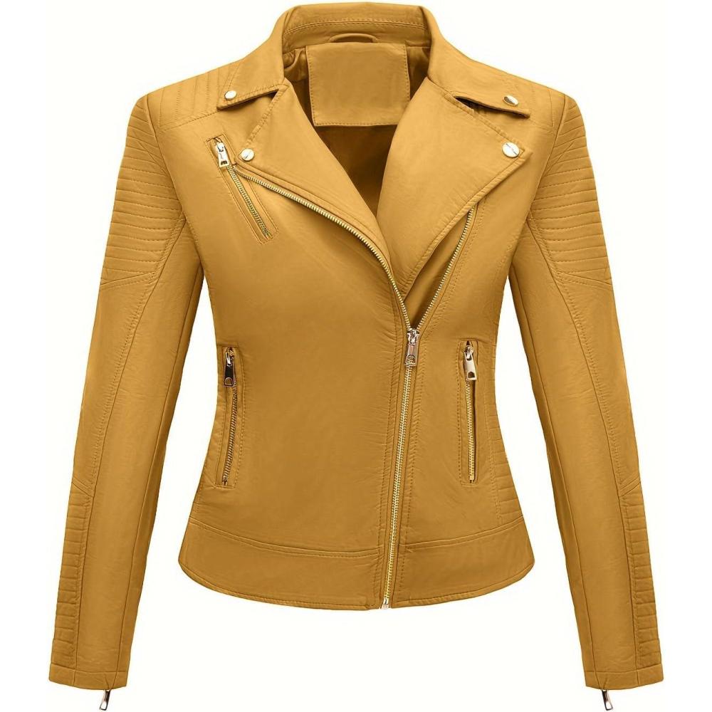 imageWomens Faux Leather Jacket Spring Motorcycle Biker Clothes Outfits Short Fashion PU Casual CoatYellow