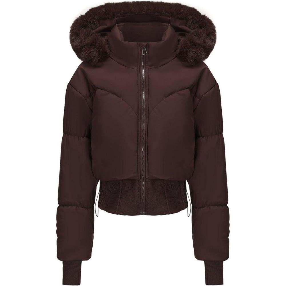 imageWomens Winter Cropped Puffer Jacket Long Sleeve Oversized Stand Collar ZipUp Short Coats with Faux Fur Hood OutwearBrown