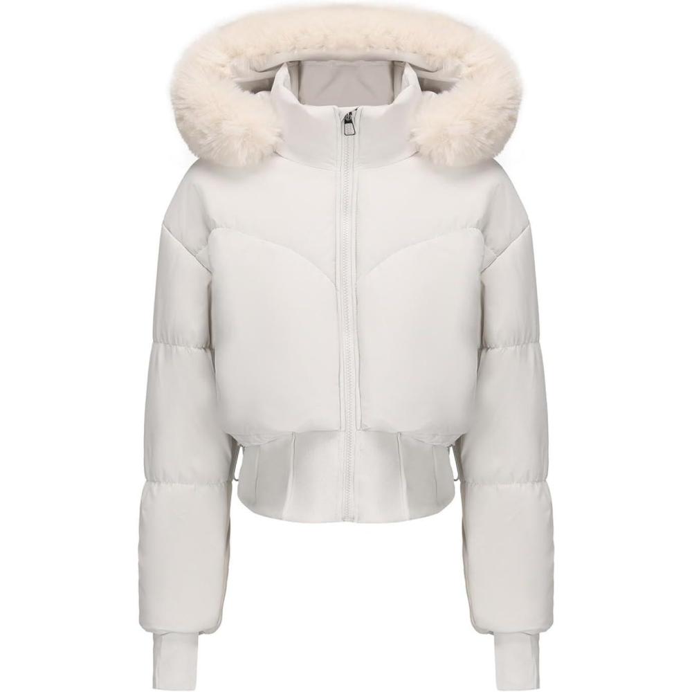 imageWomens Winter Cropped Puffer Jacket Long Sleeve Oversized Stand Collar ZipUp Short Coats with Faux Fur Hood OutwearWhite