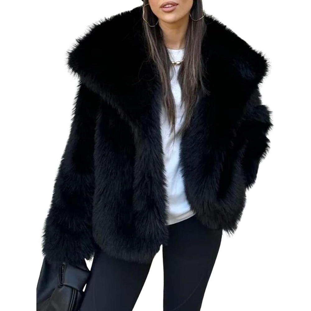 imageYimoon Womens Faux Fur Coat Lapel Open Front Fluffy Shaggy Jacket Winter Warm Furry OvercoatBlack