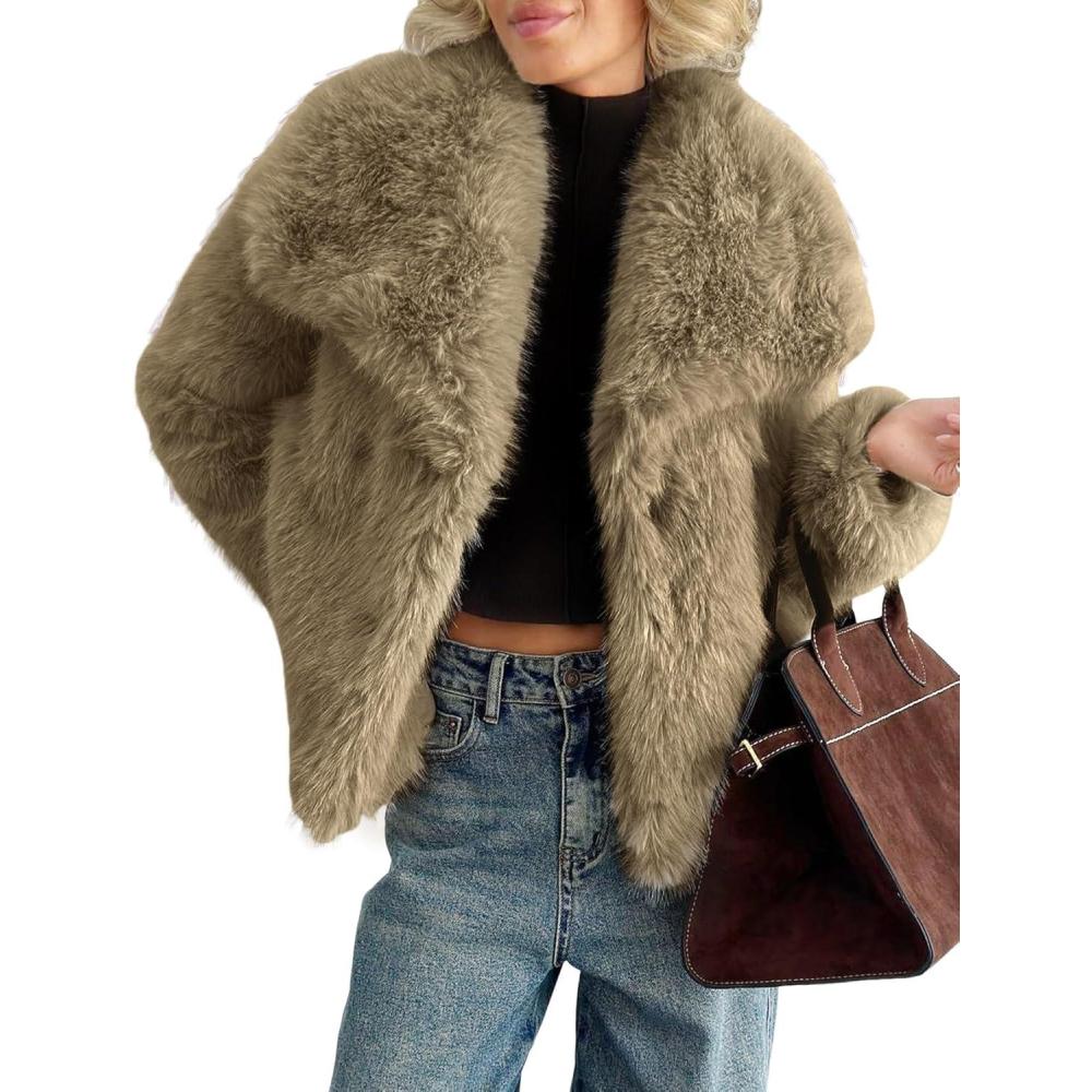 imageYimoon Womens Faux Fur Coat Lapel Open Front Fluffy Shaggy Jacket Winter Warm Furry OvercoatKhaki