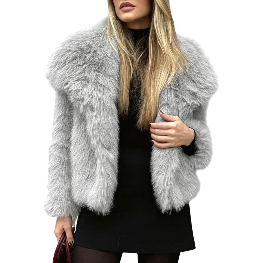 imageYimoon Womens Faux Fur Coat Lapel Open Front Fluffy Shaggy Jacket Winter Warm Furry OvercoatLightgrey