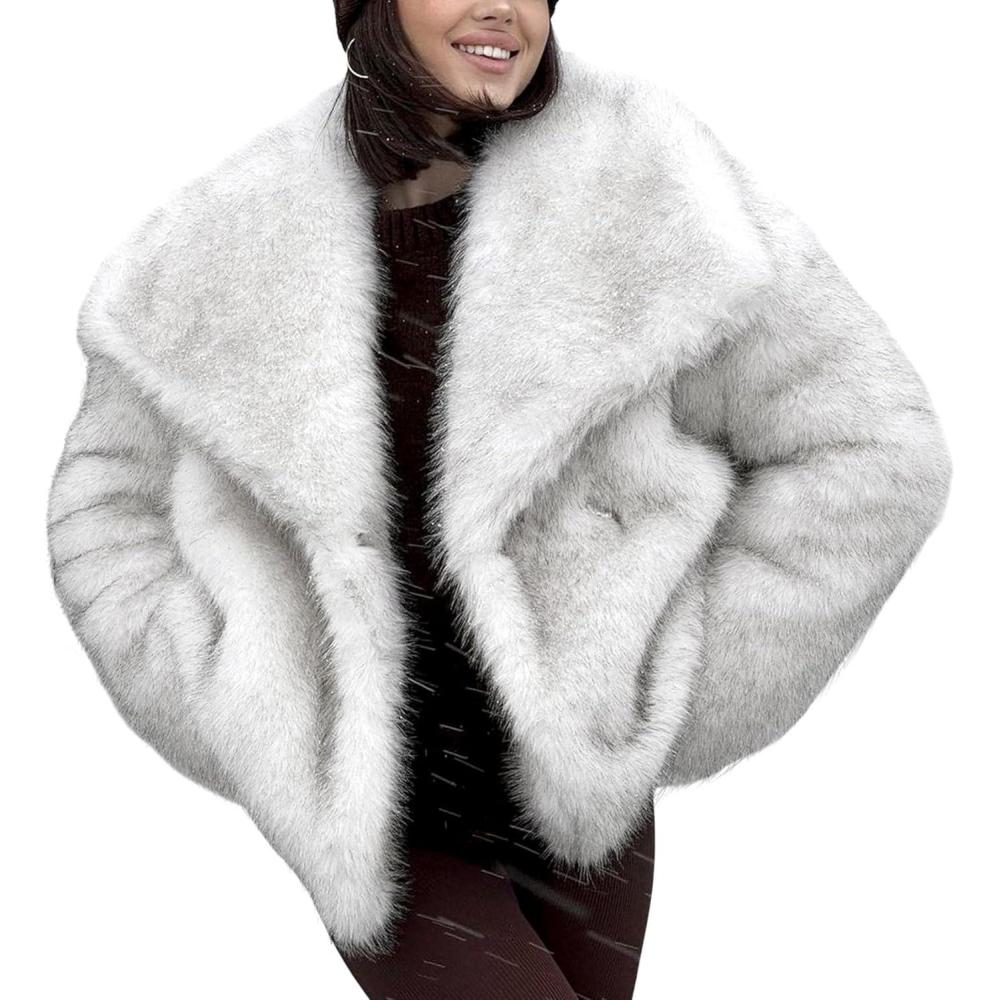 imageYimoon Womens Faux Fur Coat Lapel Open Front Fluffy Shaggy Jacket Winter Warm Furry OvercoatMixwhite