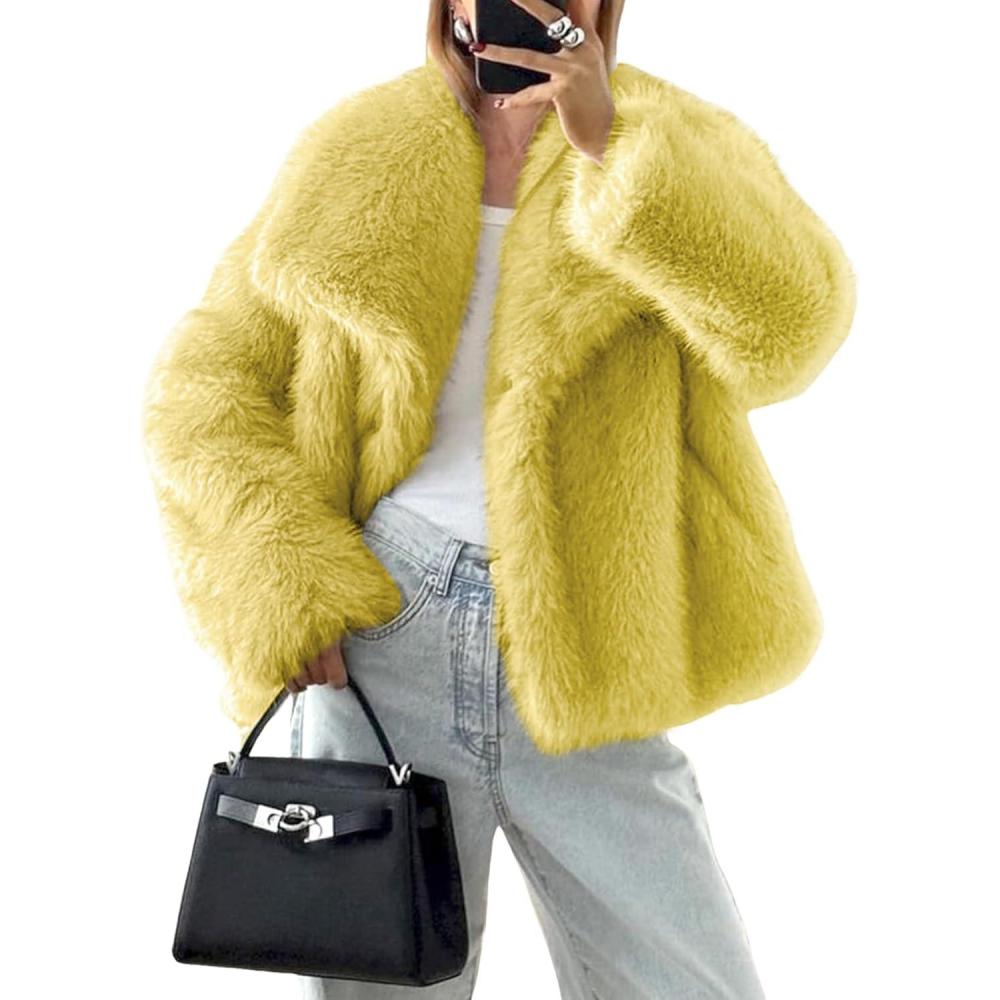 imageYimoon Womens Faux Fur Coat Lapel Open Front Fluffy Shaggy Jacket Winter Warm Furry OvercoatYellow
