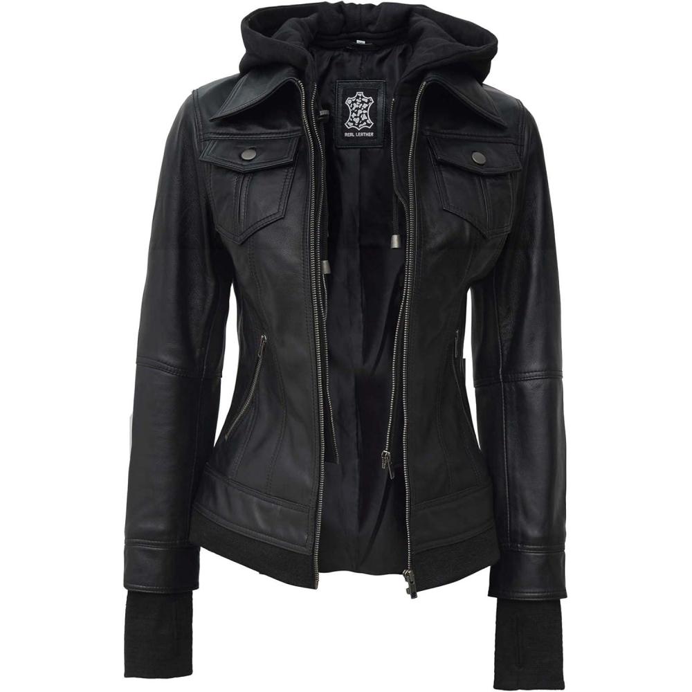 imagefjackets Hooded Leather Bomber Jacket Women Real Lambskin Womens Leather Jacket with Removable HoodBetty Hooded Black Lether Jacket