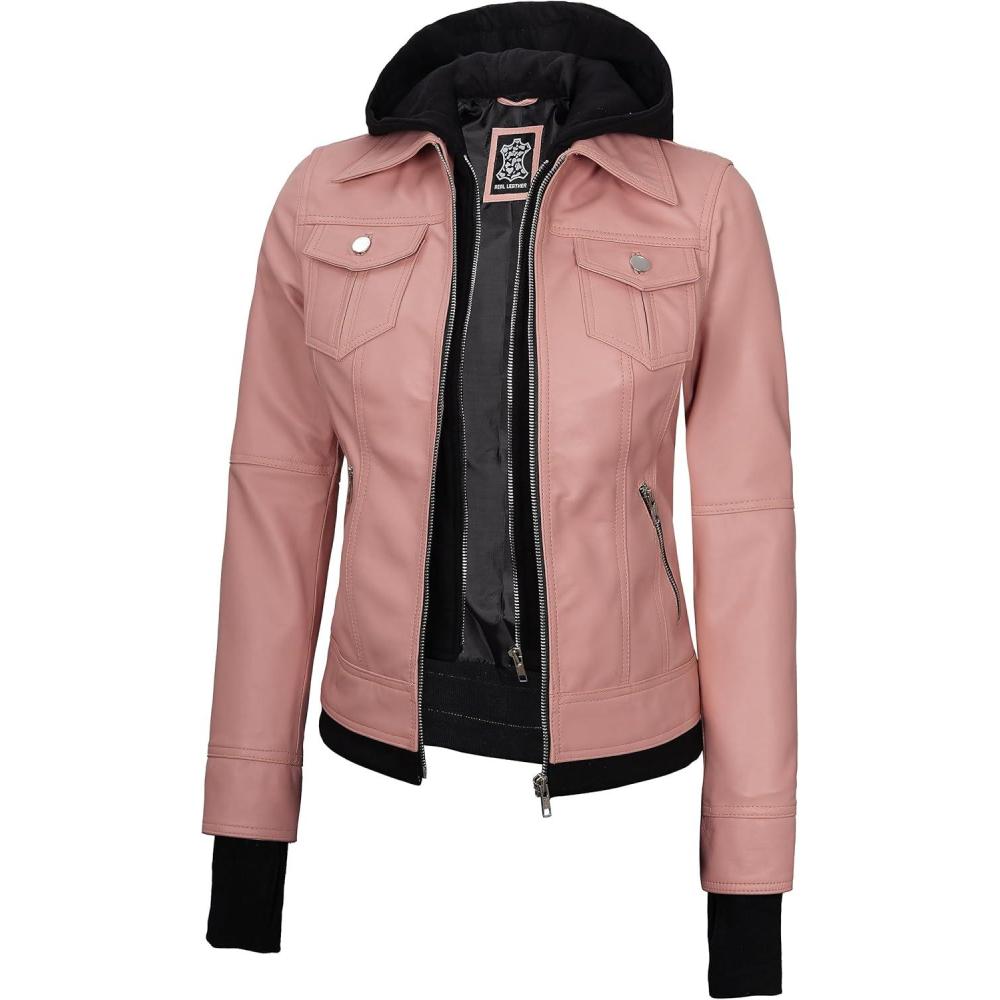 imagefjackets Hooded Leather Bomber Jacket Women Real Lambskin Womens Leather Jacket with Removable HoodBetty Hooded Pink Lether Jacket