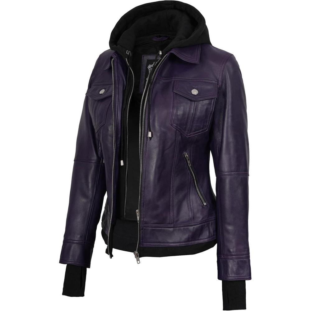 imagefjackets Hooded Leather Bomber Jacket Women Real Lambskin Womens Leather Jacket with Removable HoodBetty Hooded Purple Lether Jacket