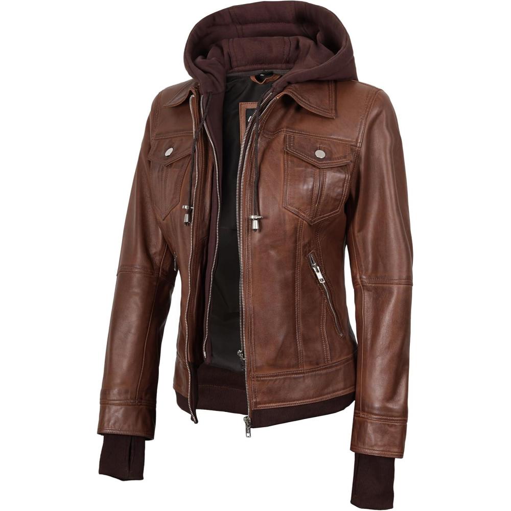 imagefjackets Hooded Leather Bomber Jacket Women Real Lambskin Womens Leather Jacket with Removable HoodTralee Hooded Cognac Leather Jacket