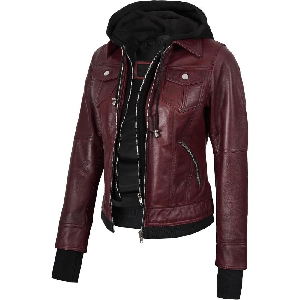 imagefjackets Hooded Leather Bomber Jacket Women Real Lambskin Womens Leather Jacket with Removable HoodTralee Hooded Maroon Leather Jacket