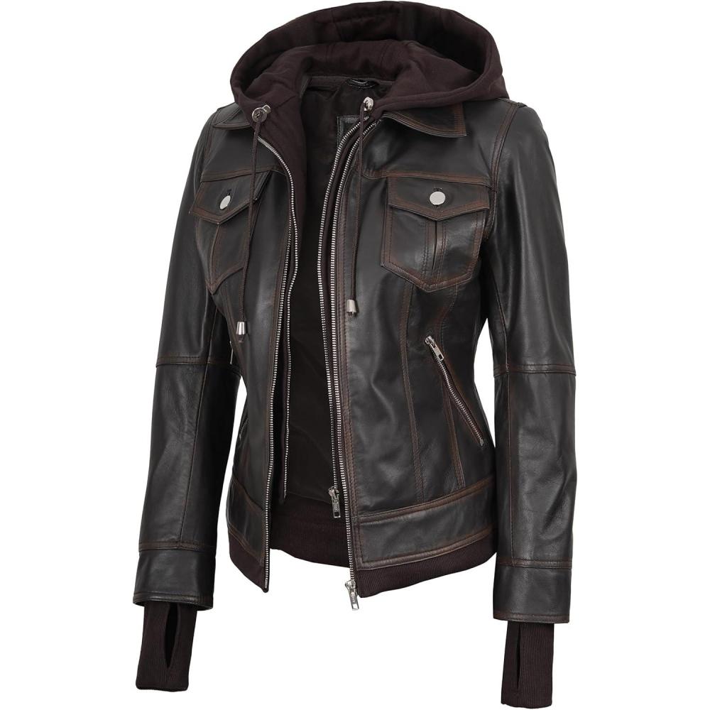 imagefjackets Hooded Leather Bomber Jacket Women Real Lambskin Womens Leather Jacket with Removable HoodTralee Hooded Ruboff Leather Jacket