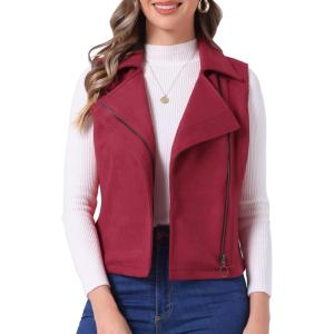 Allegra K Women’s Faux Suede Vest Casual Sleeveless Biker Jacket(Burgundy)