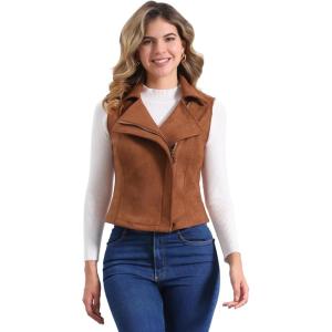 Allegra K Women’s Faux Suede Vest Casual Sleeveless Biker Jacket(Dark Brown)