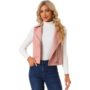 Allegra K Women’s Faux Suede Vest Casual Sleeveless Biker Jacket(Pink)