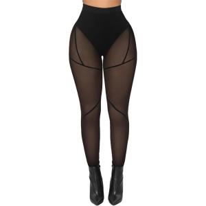 Atyfuniby Womens Leggings High Waisted – Sexy Skinny Mesh See Through Pants Party Clubwear(B Black)