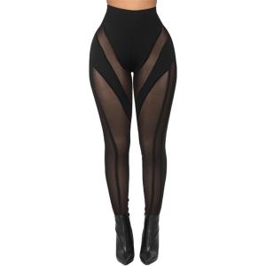 Atyfuniby Womens Leggings High Waisted – Sexy Skinny Mesh See Through Pants Party Clubwear(C Black)