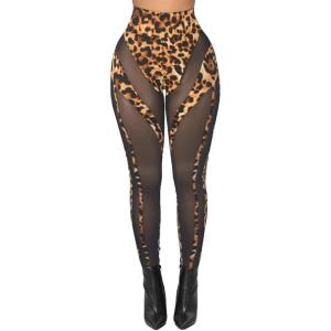 Atyfuniby Womens Leggings High Waisted – Sexy Skinny Mesh See Through Pants Party Clubwear(C Leopard)