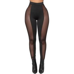 Atyfuniby Womens Leggings High Waisted – Sexy Skinny Mesh See Through Pants Party Clubwear(Mid-patchwork Black)