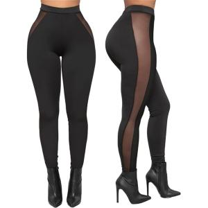 Atyfuniby Womens Leggings High Waisted – Sexy Skinny Mesh See Through Pants Party Clubwear(Side Sheer Black)